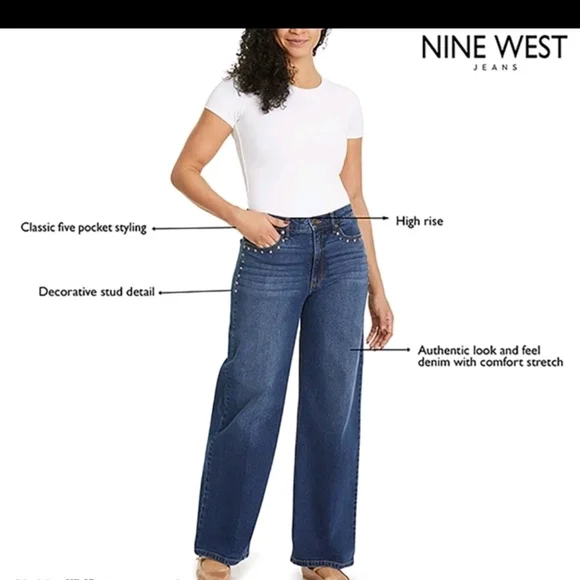 Nine West Dark Blue Wide Leg Jeans with Studs - Picture 2 of 6